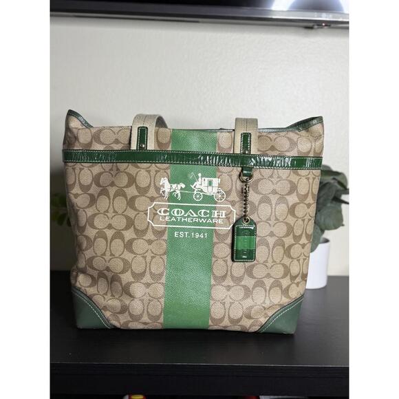 Coach Handbags - COACH Heritage Green Stripe Tote Purse Bag
